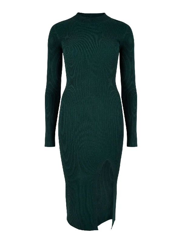 RIBBED SPLIT MIDI DRESS Comfortable Ruched Midi Dress