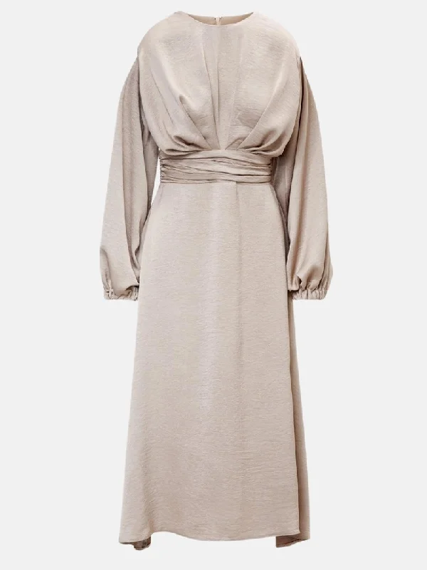 Beige Midi Dress With Shoulder Pads Detail And Pleats Trendy Long Sleeve Midi Dress