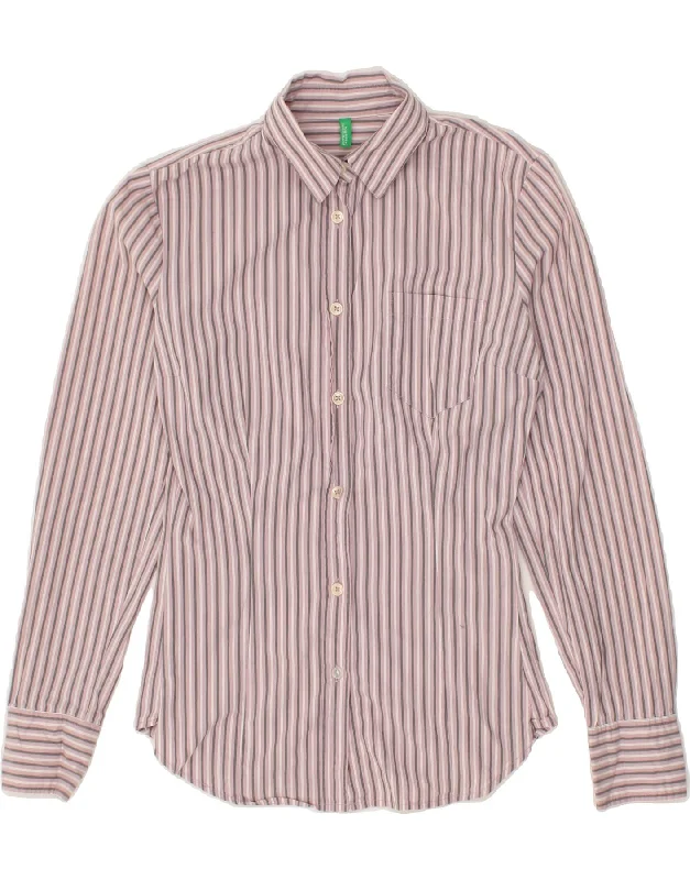 BENETTON Womens Shirt UK 12 Medium Pink Striped Chic Embellished Short Sleeve