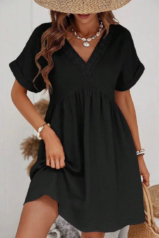 Black Folded Short Sleeve Lace V Neck Mini Dress Trendy Crossover Mini Dress