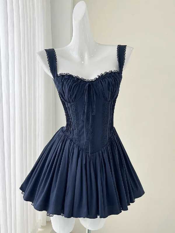 Black Lace-Trimmed Short Mini Dress Comfortable Casual Mini Dress