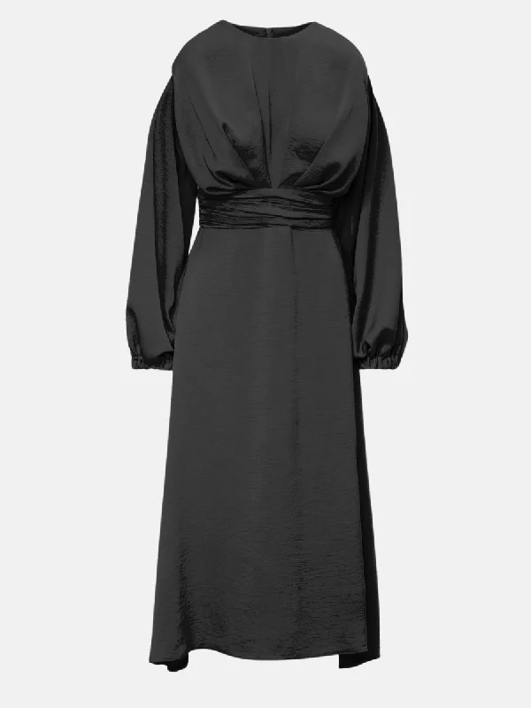 Black Midi Dress With Shoulder Pads Detail And Pleats Stylish Button-Up Midi Dress