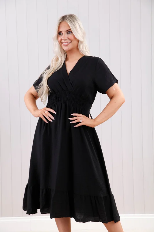 Black Wrap Front Midi Dress Trendy Bodycon Midi Dress