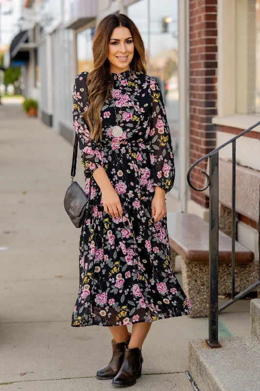 Blossoming Buds Long Sleeve Midi Dress Trendy Flared Sleeve Midi Dress