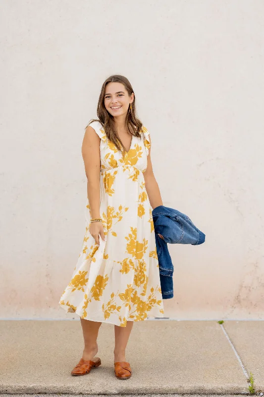 Blossoms Flutter Trim Midi Dress Trendy Off-Shoulder Button Midi Dress