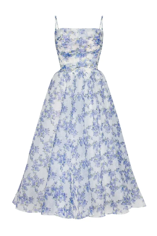 Blue Hydrangea spaghetti strap midi dress Comfortable Adjustable Strap Midi Dress