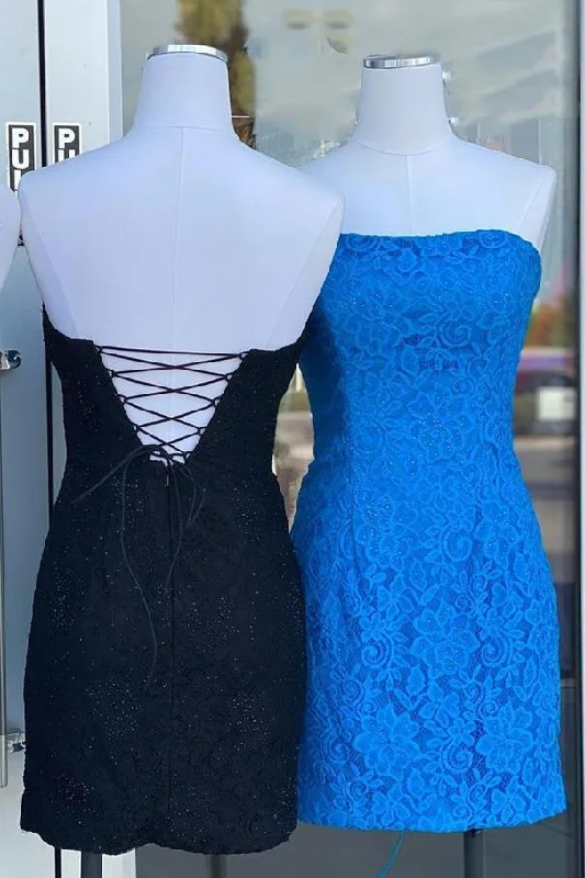 Blue Lace Strapless Bodycon Mini Dress Cozy Cowl Neck Mini Dress