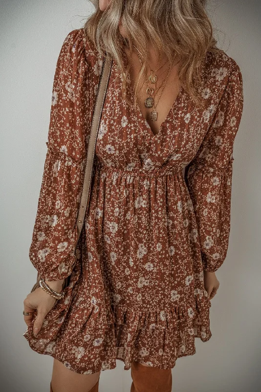 Boho Floral Ruffled Puff Sleeve V Neck Mini Dress Comfortable Zip-Up Mini Dress