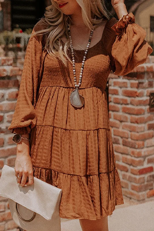 Brown Bishop Sleeve Smocked Tiered Mini Dress Casual Mini Dress with Pockets