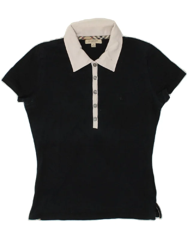 BURBERRY Womens Polo Shirt UK 10 Small Navy Blue Colourblock Cotton Fashionable Button-Front Short Sleeve BURBERRY Womens Polo Shirt UK 10 Small Navy Blue Colourblock Cotton Fashionable Button-Front Short Sleeve