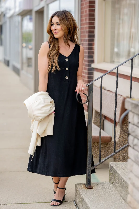 Button Accented Cutout Back Midi Dress Comfortable Denim Midi Dress