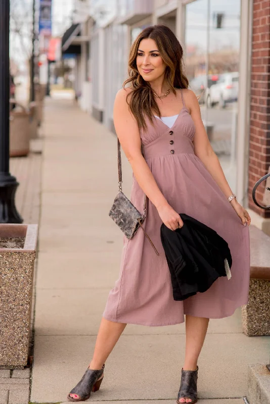 Button Bodice Thin Strapped Midi Dress Cozy Tie-Dye Midi Dress