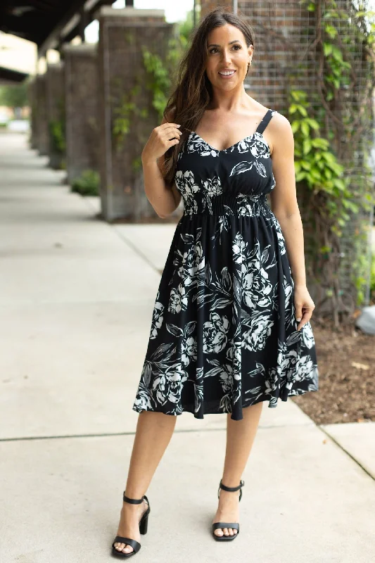 Cassidy Midi Dress - Black and White Floral by Michelle Mae Elegant Velvet Midi Dress Cassidy Midi Dress - Black and White Floral by Michelle Mae Elegant Velvet Midi Dress