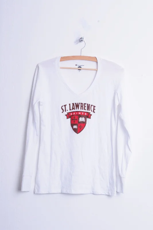 Champion St. Lawrence Saints Womens XS Shirt Blouse V Neck White Cotton Casual Ruffle Short Shirt Champion St. Lawrence Saints Womens XS Shirt Blouse V Neck White Cotton Casual Ruffle Short Shirt