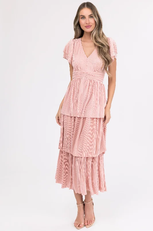 Cherry Blossom Pleated Ruffle Tiered Midi Dress Stylish Cold Shoulder Midi Dress