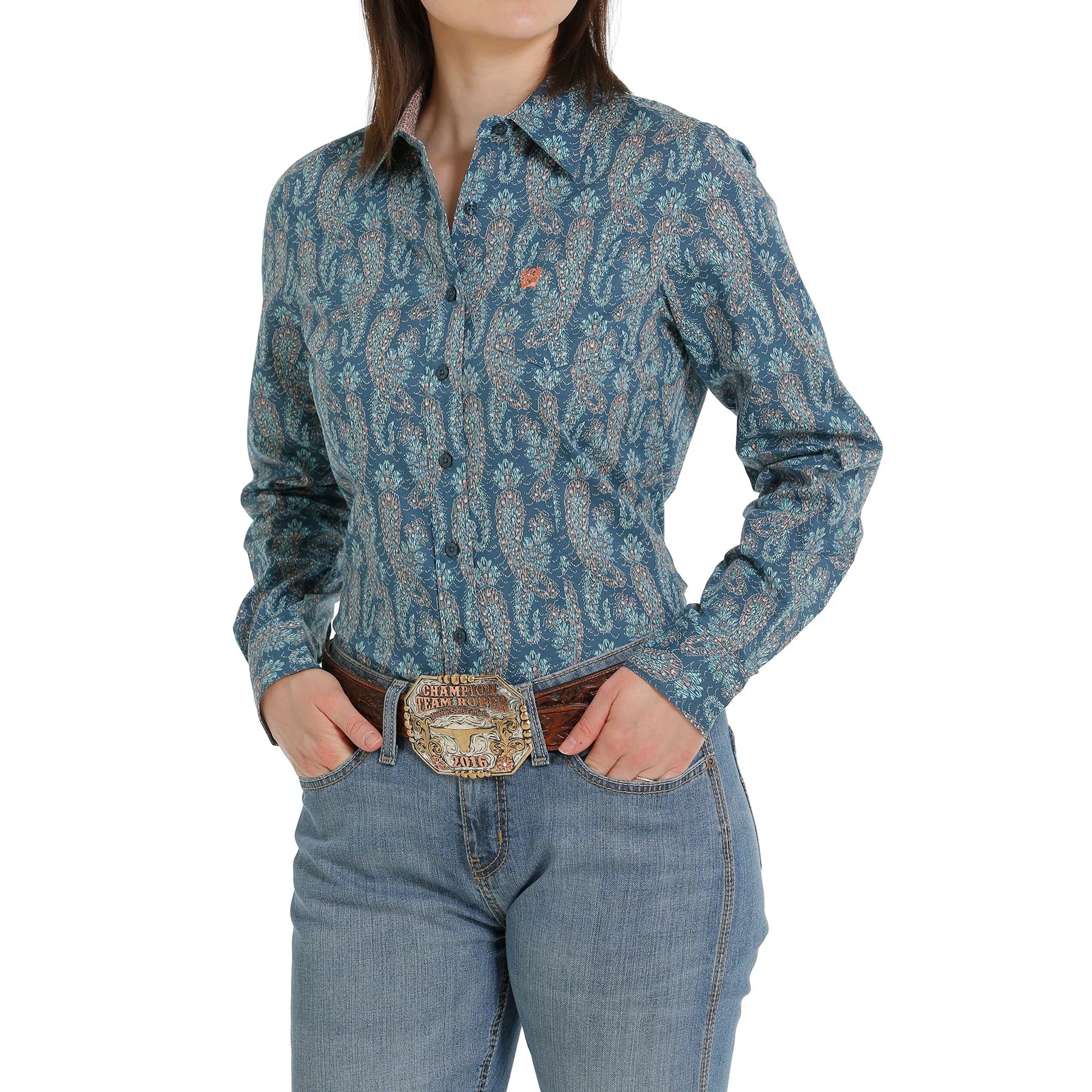 Cinch Ladies Paisley Print Blue Button Down Shirt Relaxed Short Sleeve Tee