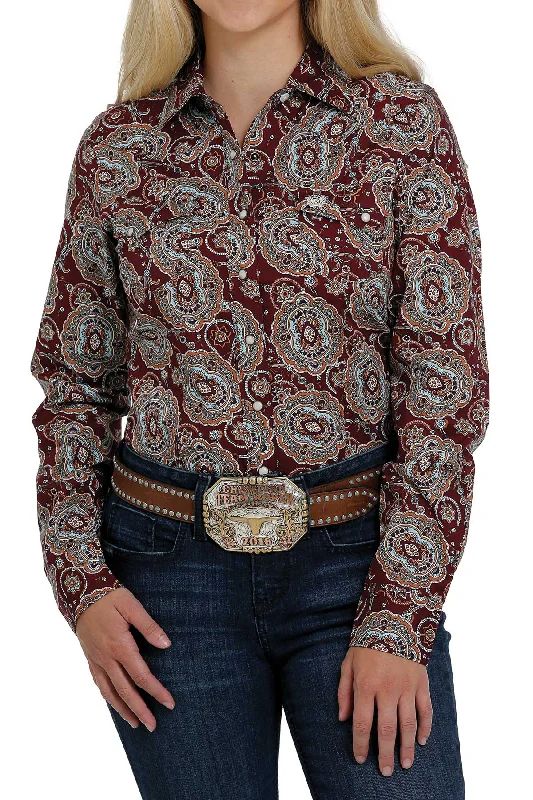 Cinch Wmns Long Sleeve Print Shirt - Black Friday Sale Trendy Tie-Front Short Shirt