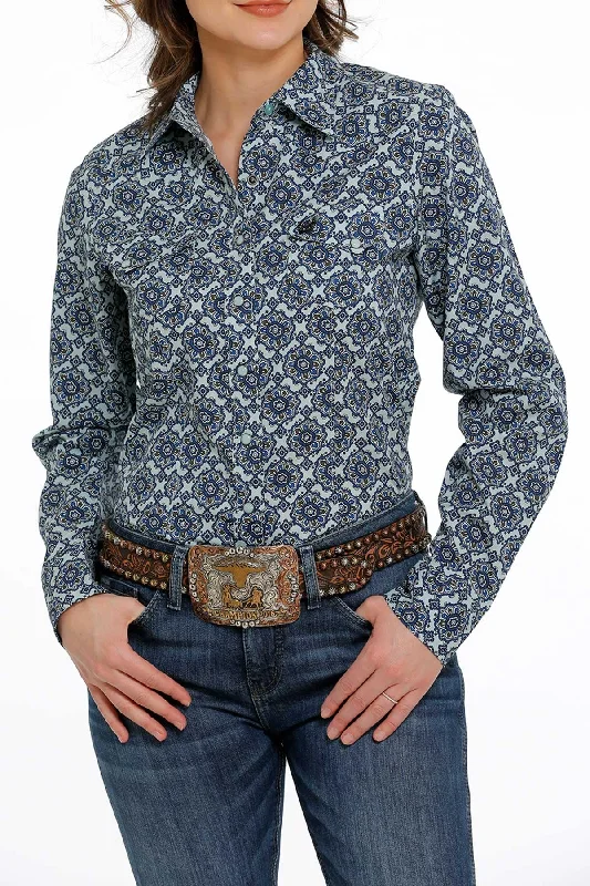 Cinch Wmns Long Sleeve Snap Shirt - Light Blue and Navy Print Casual Ruffle Short Shirt