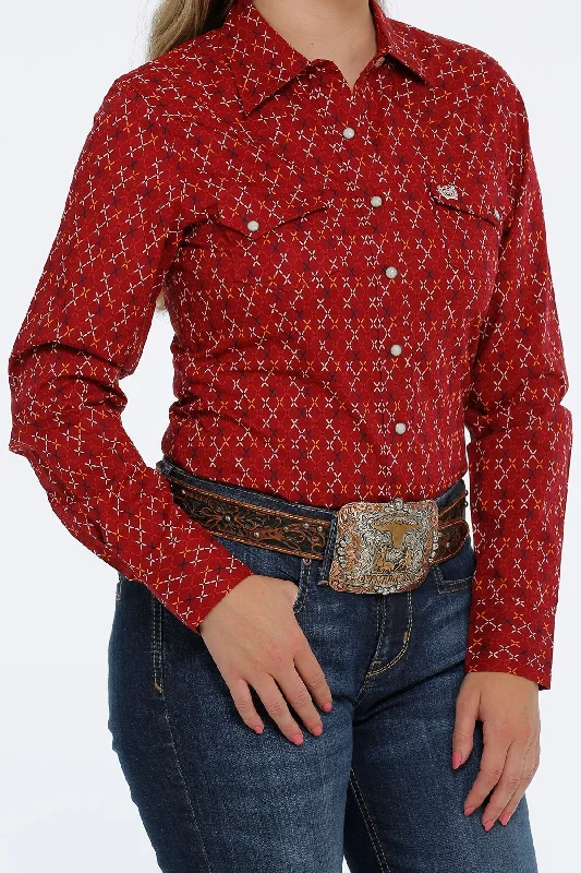 Cinch Wmns Red Multi Color Print Shirt - Black Friday Sale Relaxed Fit Short Blouse