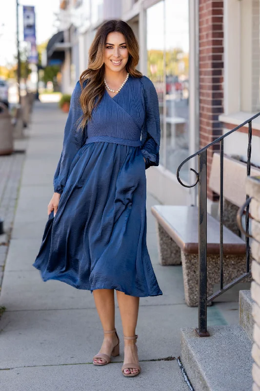 Classy Ribbed Wrap Top Midi Dress Elegant Faux Wrap Midi Dress
