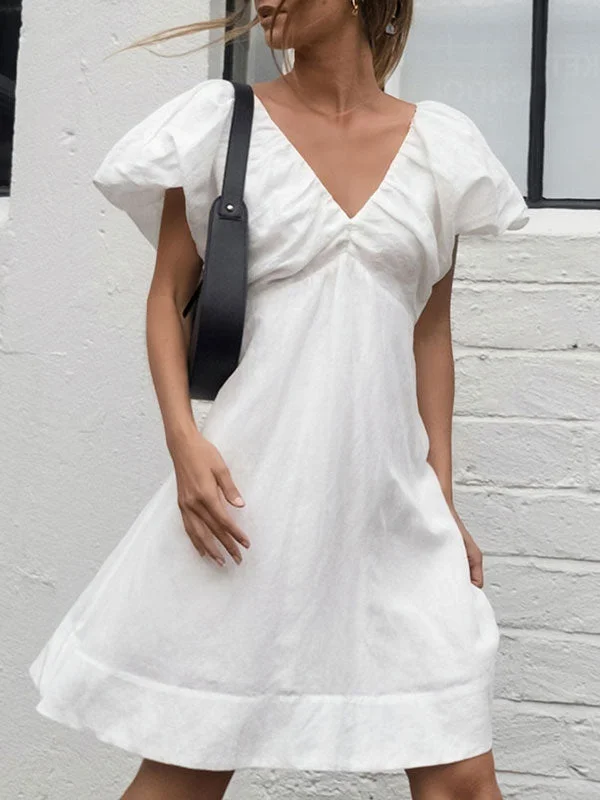 Cotton White V-Neck Puff Sleeve Mini Dress Stylish Sweetheart Neck Mini Dress