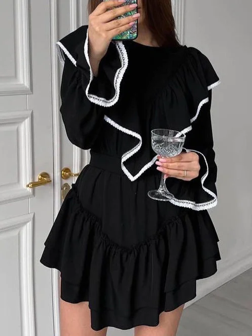 Crew Neck Long Sleeve Ruffle Mini Dress Comfortable Zip-Up Mini Dress