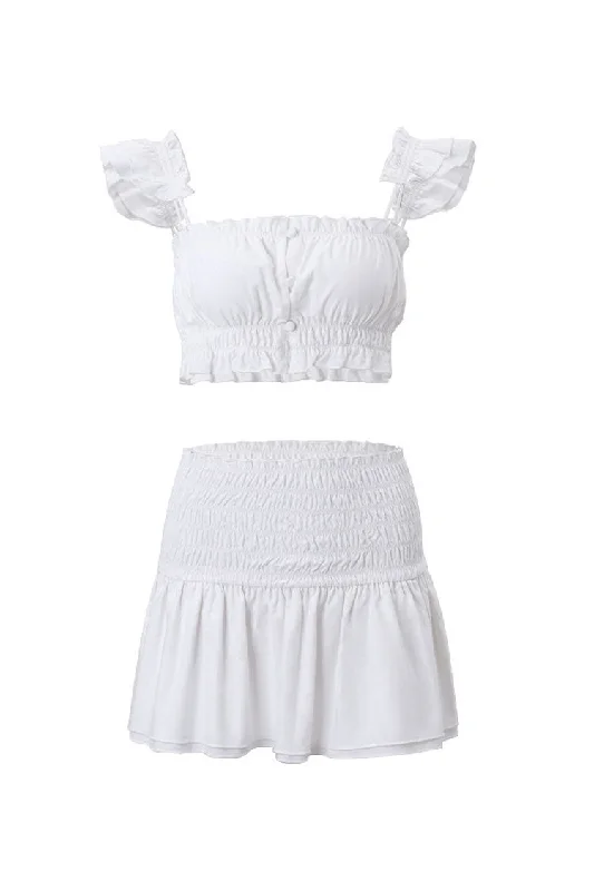 Cute Ruffled Button Up Bra Top Ruched Drop Waist Skirt Two Piece Mini Dress Stylish Ribbed Mini Dress
