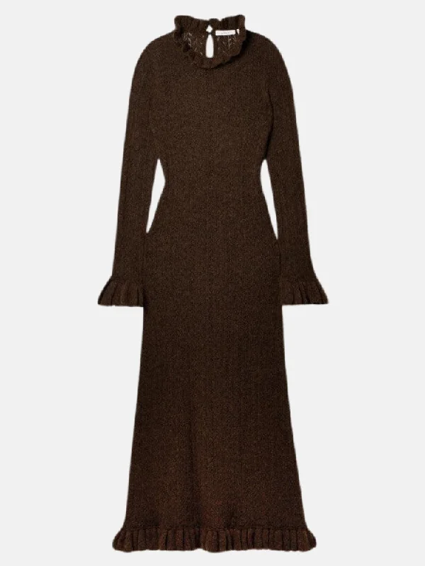 Estella Ruffled Pointelle Knit Alpaca Midi Dress Stylish Halter Neck Midi Dress