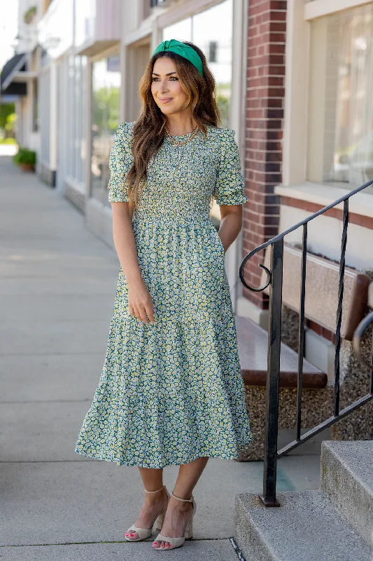 Daisies Ruched Top Midi Dress Trendy Boho Midi Dress