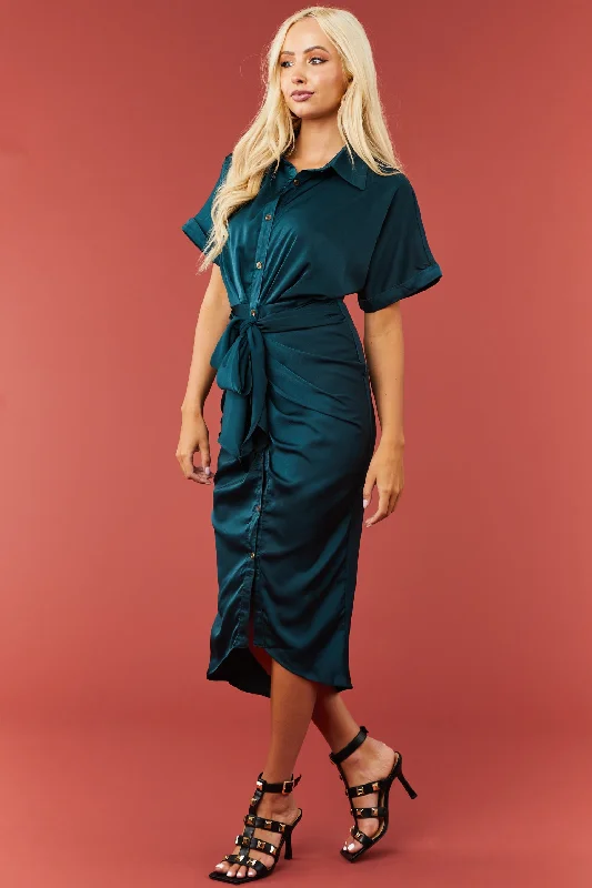 Dark Teal Button Down Front Tie Satin Midi Dress Comfortable Denim Midi Dress