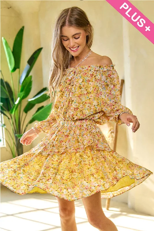 Davi & Dani - PLUS SIZE FLORAL PRINTED SMOCKED LAYERED MINI DRESS SIZE 1XL Elegant Lace-Up Mini Dress