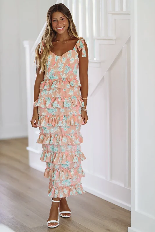 Don't Be Alarmed Ruffle Midi Dress - Blush Trendy Shift Midi Dress