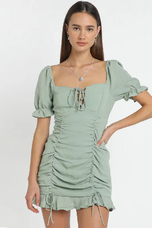 Drawstring Ruched Ruffle Bodycon Mini Dress - Sage Green Cozy Long Sleeve Mini Dress