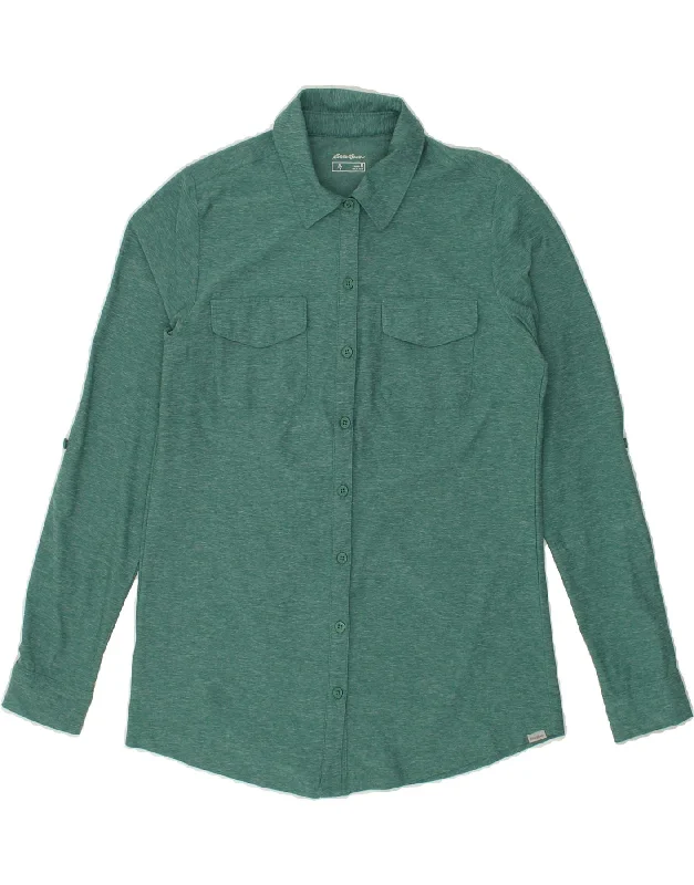 EDDIE BAUER Womens Shirt Blouse UK 14 Medium Green Flecked Polyester Classic V-Neck Short Shirt EDDIE BAUER Womens Shirt Blouse UK 14 Medium Green Flecked Polyester Classic V-Neck Short Shirt