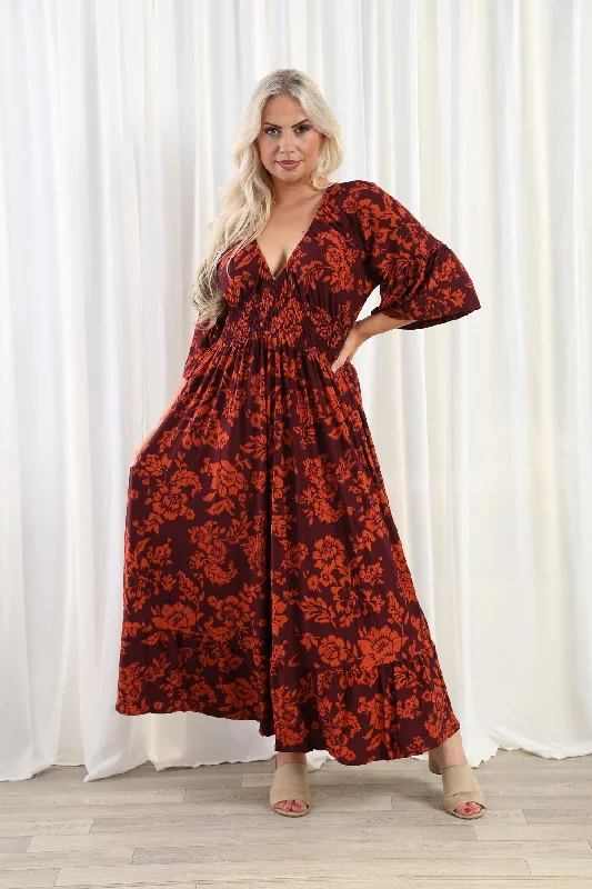 Demi shirred Midi dress Wine Fashionable Wide Leg Midi Dress