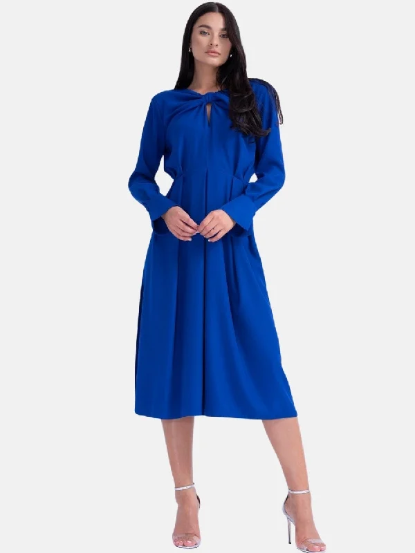 Electric Blue Midi Dress With Ring Detail and Pleats Comfortable Stretch Midi Dress