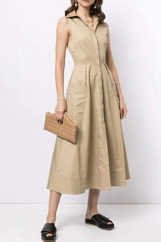 Elegant Sleeveless Cargo Pocket Button Down Skater Midi Dress - Khaki Stylish Color Block Midi Dress Elegant Sleeveless Cargo Pocket Button Down Skater Midi Dress - Khaki Stylish Color Block Midi Dress