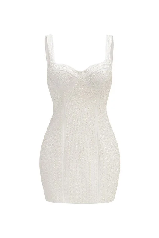 Elegant Sweetheart Sleeveless Pearl Embellished Bodycon Party Mini Dress Stylish Puff Sleeve Mini Dress