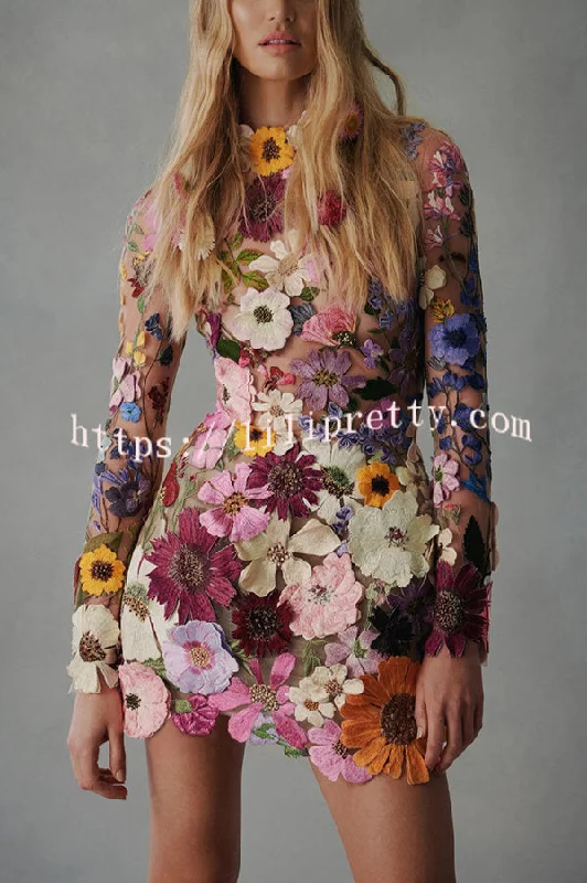 Lilipretty Elegantly Enchanted Floral Applique Backless Long Sleeve Mini Dress Elegant Tulle Mini Dress