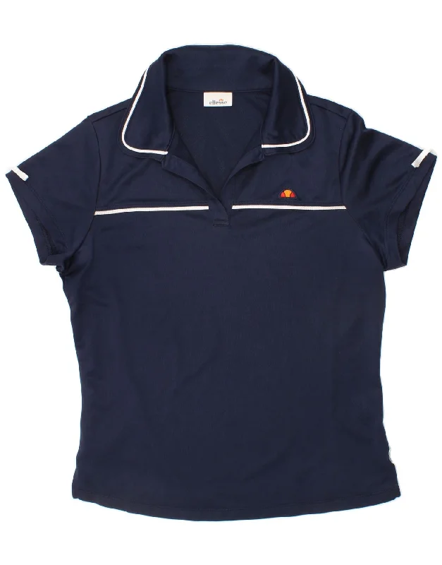 ELLESSE Womens Polo Shirt UK 12 Medium Navy Blue Elegant Off-Shoulder Short Shirt