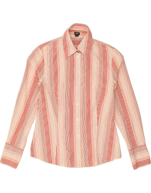 ESPRIT Womens Shirt UK 12 Medium  Pink Striped Cotton Classic Cropped Short Sleeve