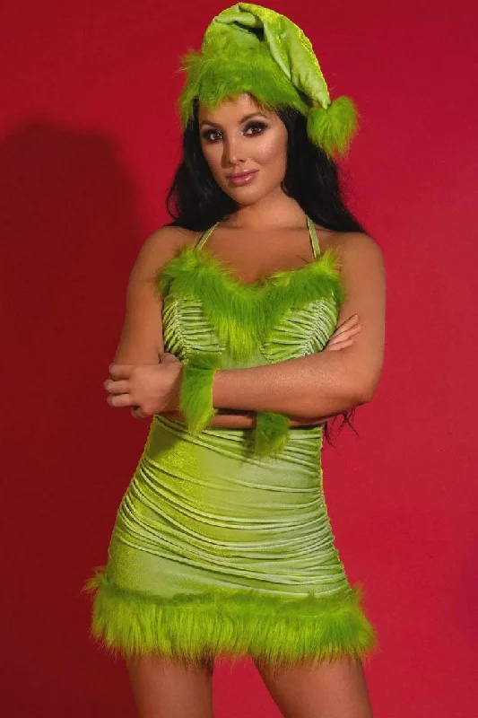 Fairy Mrs Claus Faux Fur Ruched Halter Velvet Christmas Party Mini Dress - Green Comfortable Ruffle Mini Dress