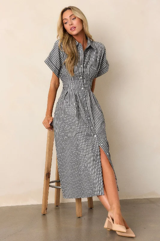 Falling Into Place Black Stripe Short Sleeve Midi Dress Fashionable High-Low Midi Dress Falling Into Place Black Stripe Short Sleeve Midi Dress Fashionable High-Low Midi Dress