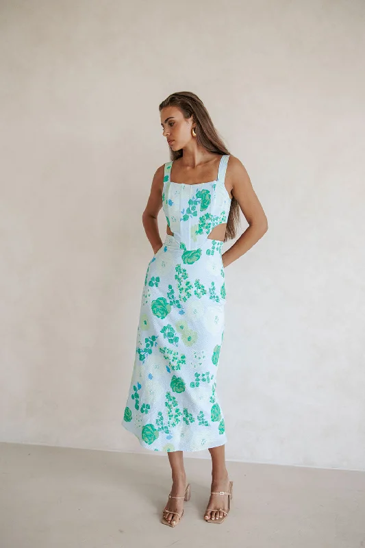 Feliz Midi Dress - Corsage Blue Fashionable Off-Shoulder Dress Midi