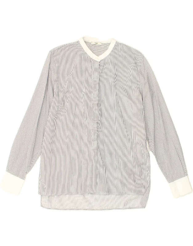 FENDI Womens Shirt Blouse IT 40 Medium Grey Striped Cotton Trendy Floral Print Tee