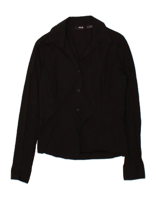 FILA Womens Shirt UK 12 Medium Black Cotton Casual Button-Down Short Shirt