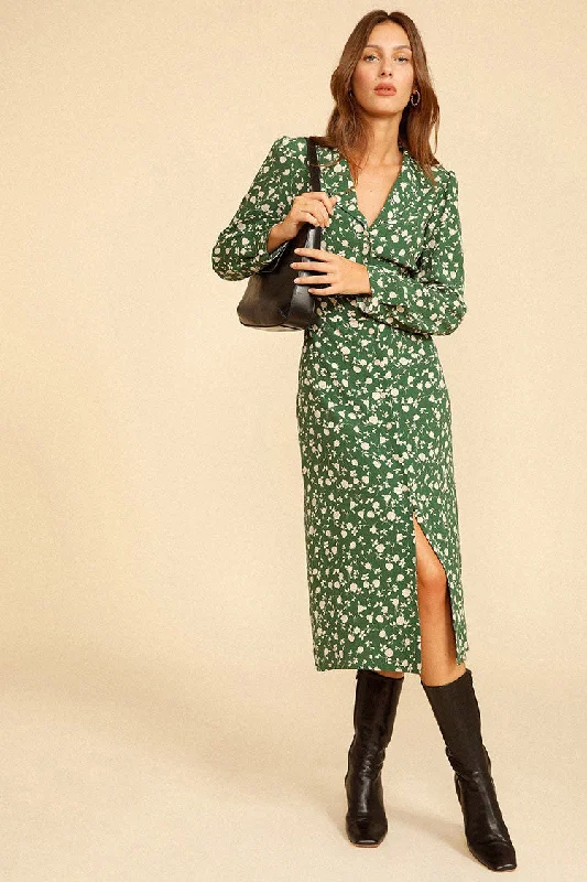 Floral Print Long Sleeve Button Up French Shirt Midi Dress - Green Fashionable High-Neck Midi Dress Floral Print Long Sleeve Button Up French Shirt Midi Dress - Green Fashionable High-Neck Midi Dress