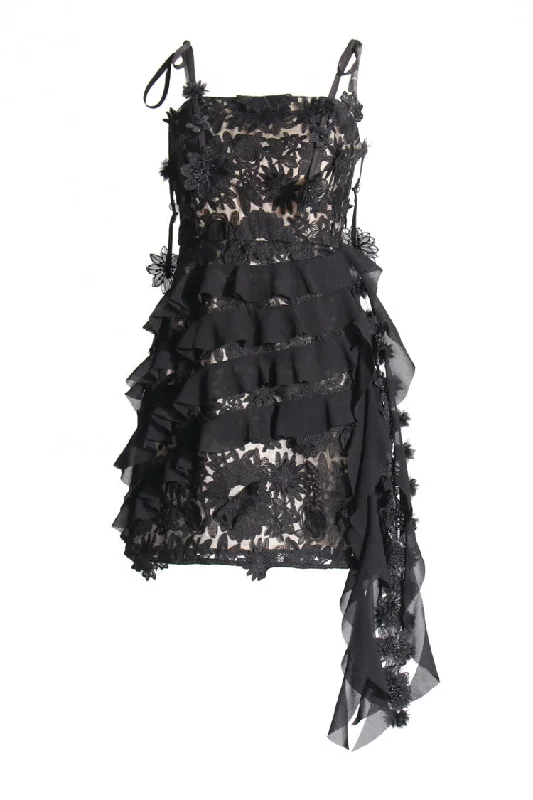 Flowy Rosette Embroidered Tiered Ruffle Draped Sleeveless Party Mini Dress Stylish Spaghetti Strap Mini Dress
