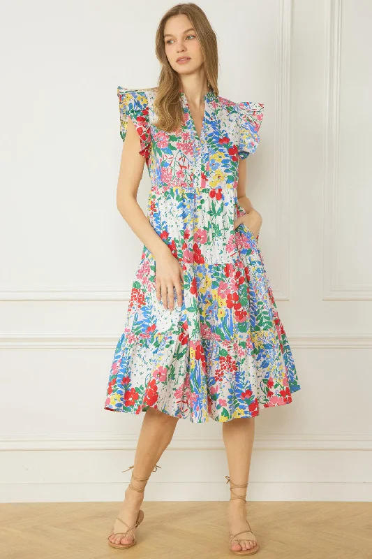 Flutter Sleeve Midi Dress | Floral Field Stylish Midi Dress with Cuffs