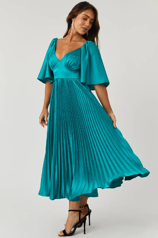 Flying Tomato Teal Bell Sleeve Pleated Satin Midi Dress Trendy Floral Wrap Midi Dress